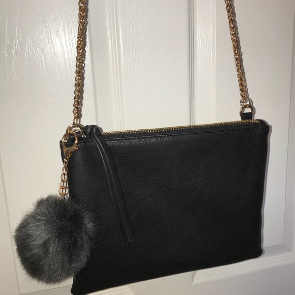 Black Faux Leather Crossbody W/ Fur Puff Charm - Picture 3 of 8